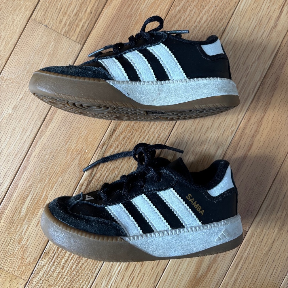 Black-and-white Adidas Sambas sneakers